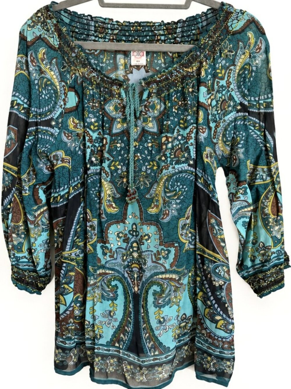 Mio M Teal Paisley Smocked Neck Beaded Peasant Tunic Blouse
